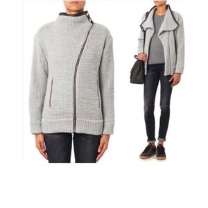 IRO Chelane Gray Waffle Knit Zip Up Sz 36 Wool Blend Leather Trim Luxury Jacket
